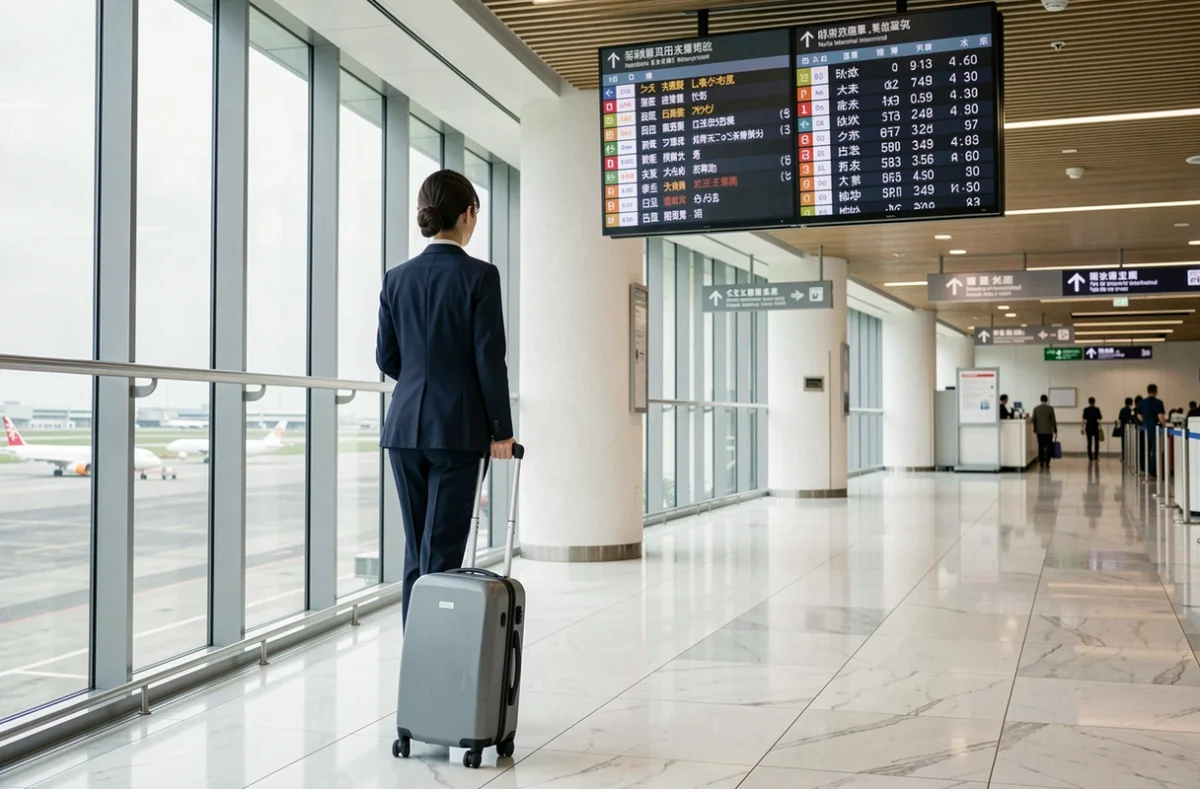 Voyageuse japonaise traversant le terminal de l'aéroport Narita NRT avec une valise moderne devant un panneau de départs numérique en 2026
