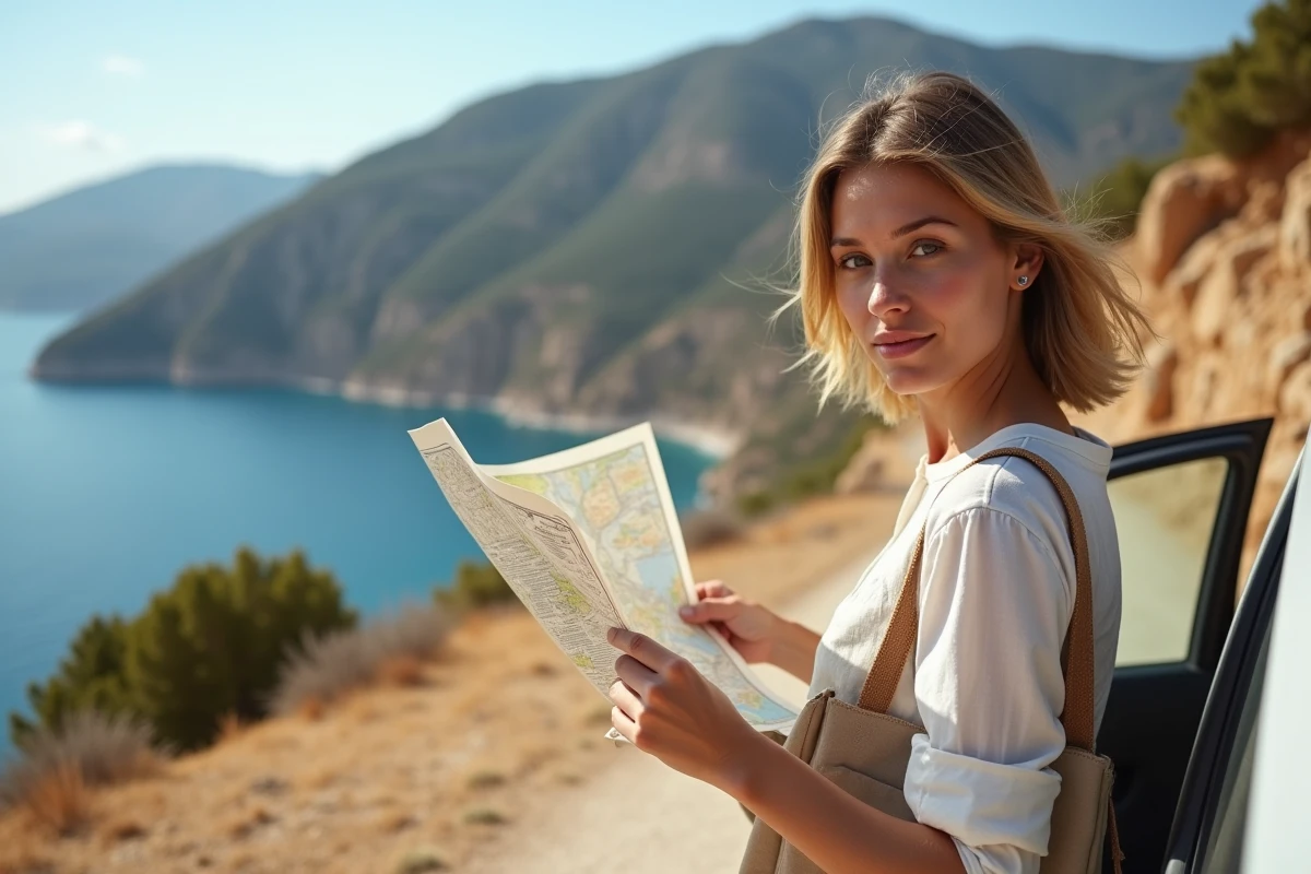 Voyageuse consultant une carte routière en bord de route en Corse pour rejoindre Cala d'Orzu depuis Ajaccio