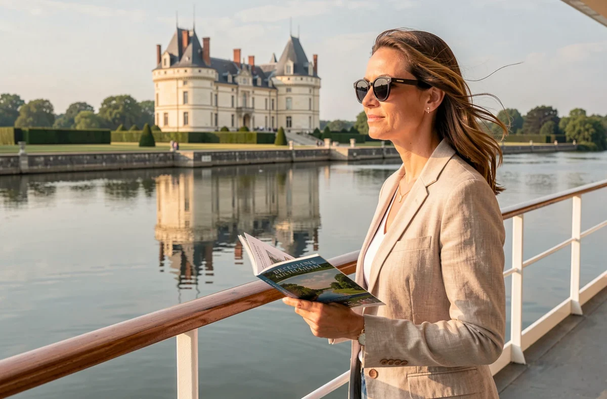 Voyageuse admirant un château de la Loire depuis la proue d'un bateau de croisière fluviale