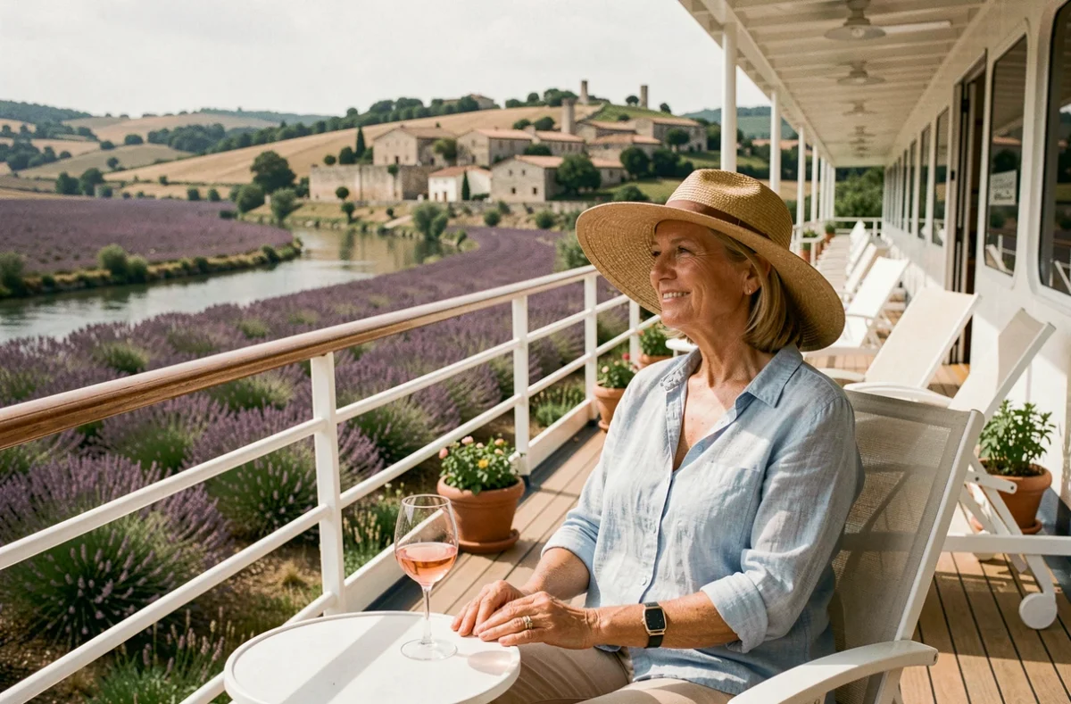 Femme voyageuse se relaxant sur le pont d'un bateau de croisière fluviale en Provence