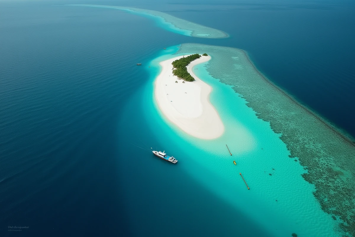 Vue aérienne d'un atoll des Maldives avec zone marine protégée délimitée par des bouées et lagon turquoise en 2026