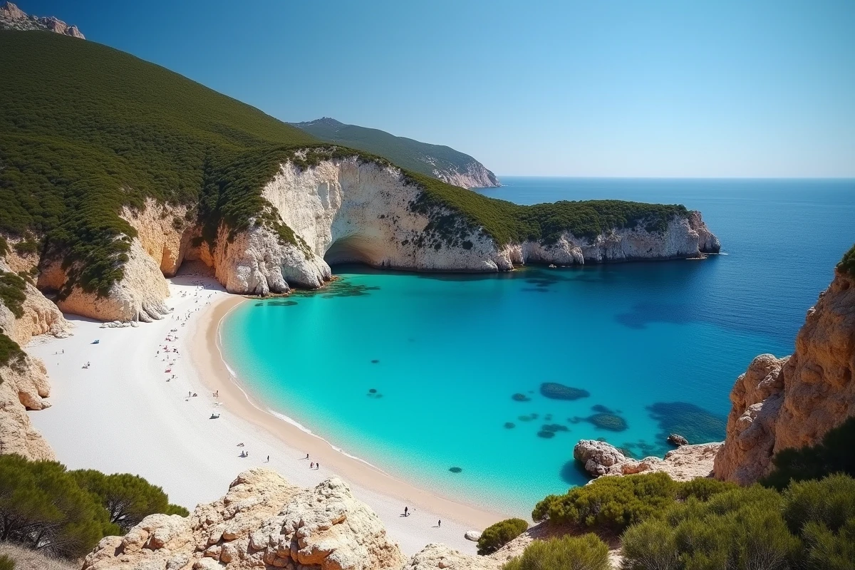 Vue panoramique de la plage de Cala d'Orzu depuis un promontoire rocheux, crique sauvage entourée de falaises boisées en Corse