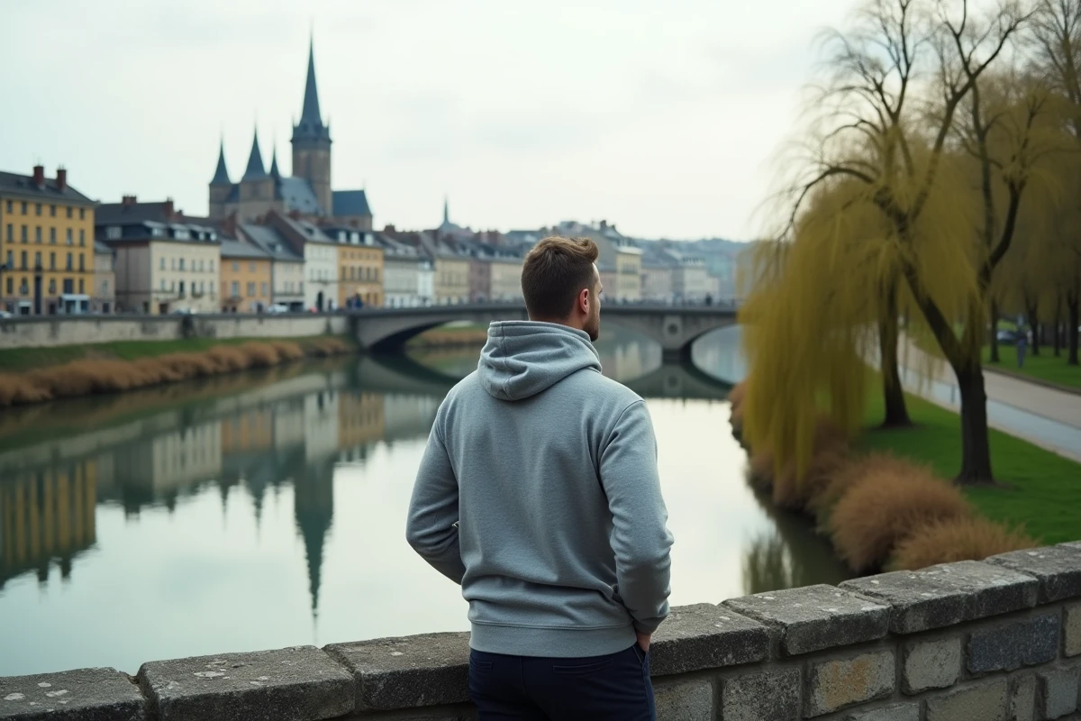 Homme sur un pont au bord de la Sarthe contemplant le panorama historique de la ville du Mans