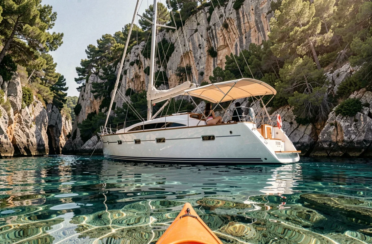 Petit yacht de luxe ancré dans une crique isolée aux eaux turquoise entourée de falaises boisées